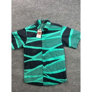 Nahe Kane Button Down Mens Small Black Tahiti Teal Geometric Hawaii Shirt NWT